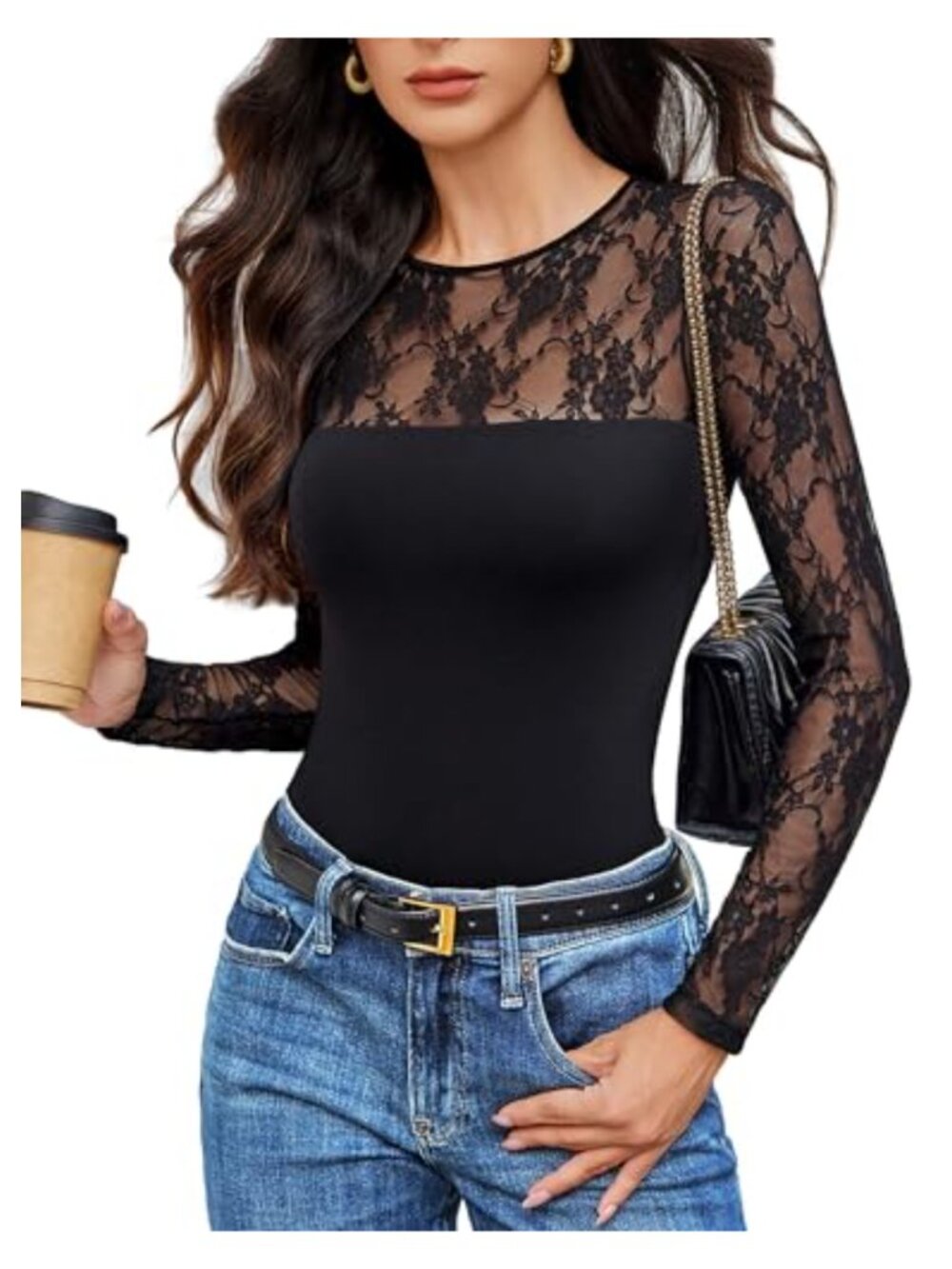 Lace Long Sleeve Bodysuit Women Crew Neck Thong Back Snap Closure